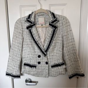 Rebecca Taylor Tweed Crop Blazer Fringe Ribbon Size 4 White with Black and Blue